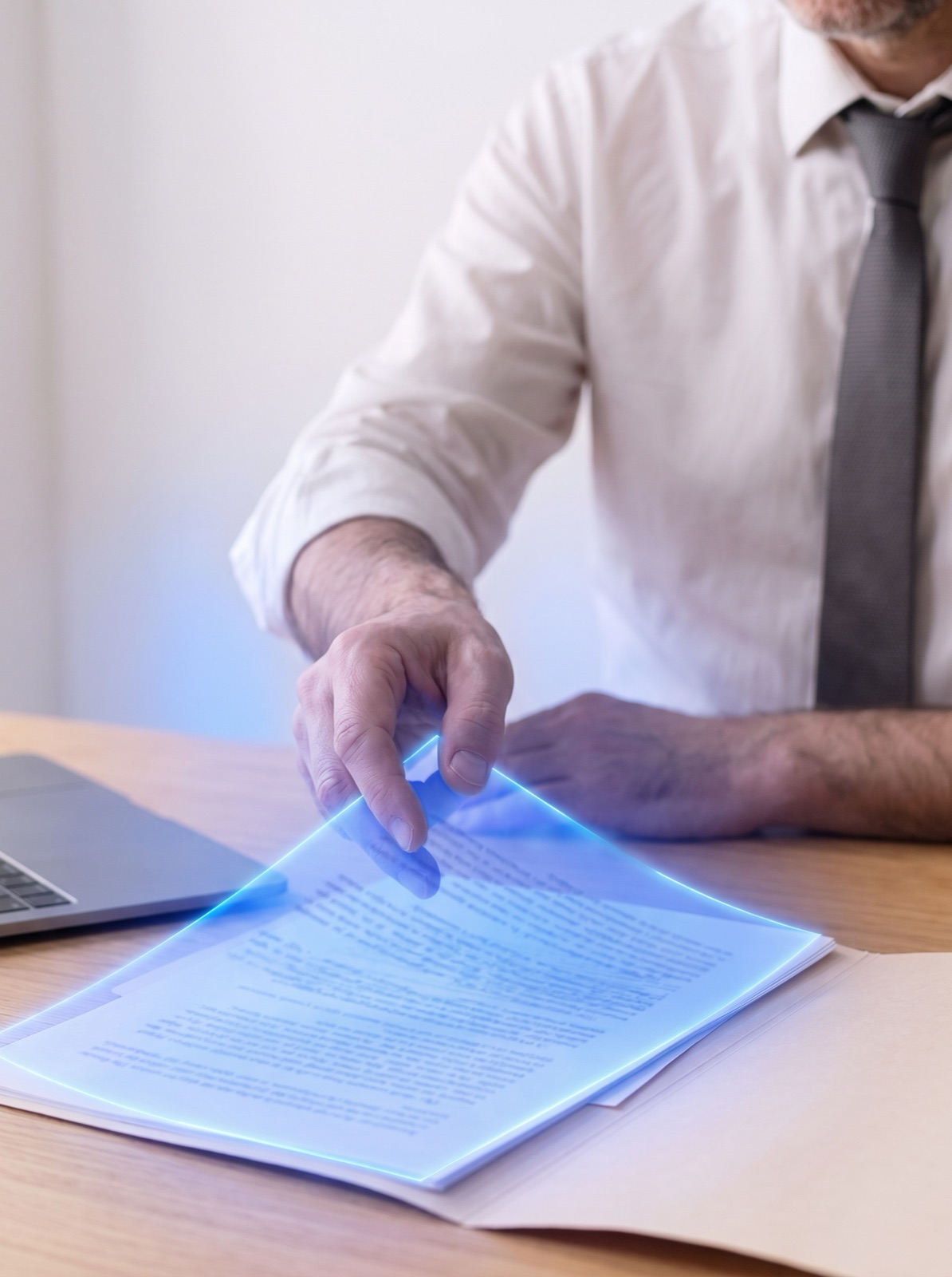 Primer plano: la mano de un abogado baja una hoja de luz sobre la carpeta de papel del caso.